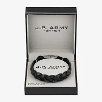 J.P. Army Black Leather Braid Mens Stainless Steel Cord Bracelet