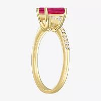 Womens Lab Created Red Ruby 14K Gold Over Silver Side Stone Cocktail Ring