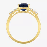 Womens Lab Created Gemstone 10K Gold Side Stone Solitaire Cushion Cocktail Ring