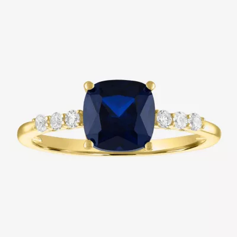 Womens Lab Created Gemstone 10K Gold Side Stone Solitaire Cushion Cocktail Ring