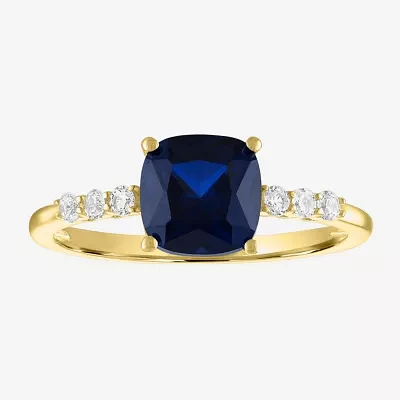 Womens Lab Created Gemstone 10K Gold Side Stone Solitaire Cushion Cocktail Ring