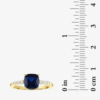 Womens Lab Created Gemstone 10K Gold Side Stone Solitaire Cushion Cocktail Ring