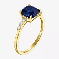 Womens Lab Created Gemstone 10K Gold Side Stone Solitaire Cushion Cocktail Ring