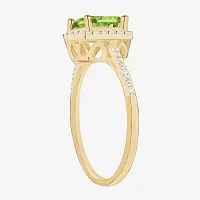 Womens Diamond Accent Gemstone 10K Gold Cushion Halo Side Stone Cocktail Ring