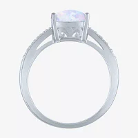 Womens Lab Created White Opal Sterling Silver Side Stone Solitaire Cocktail Ring