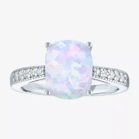 Womens Lab Created White Opal Sterling Silver Side Stone Solitaire Cocktail Ring