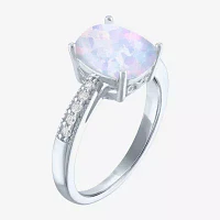 Womens Lab Created White Opal Sterling Silver Side Stone Solitaire Cocktail Ring