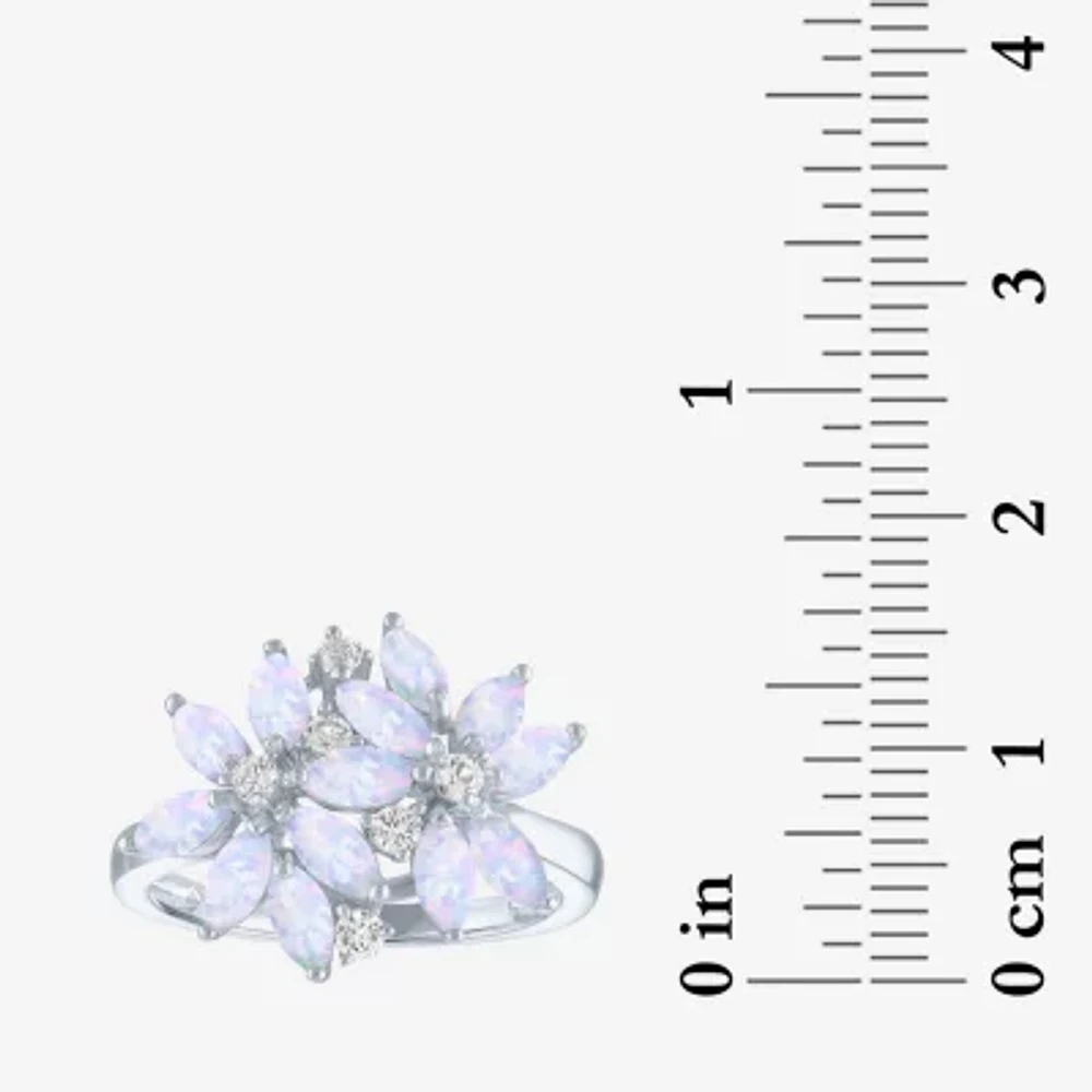 Womens Lab Created White Opal Sterling Silver Flower Cluster Cocktail Ring