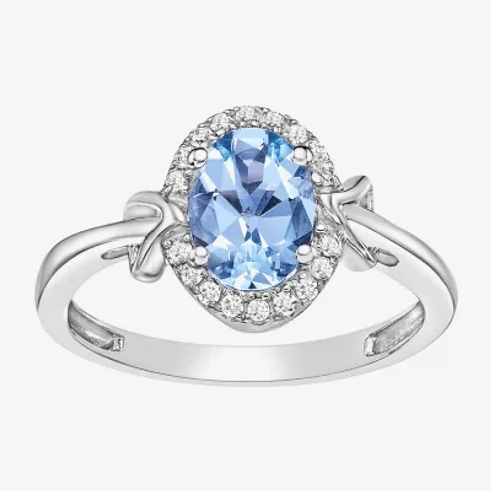 Womens Genuine Blue Aquamarine 10K White Gold Oval Cocktail Ring