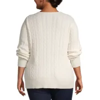 St. John's Bay Plus Womens Crew Neck Long Sleeve Cable Knit Pullover Sweater