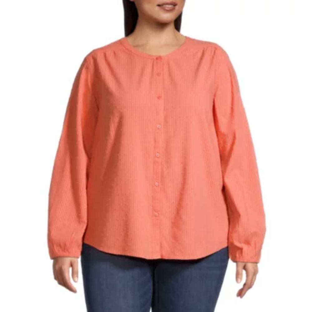 St. John's Bay Plus Womens Long Sleeve Regular Fit Button-Down Shirt