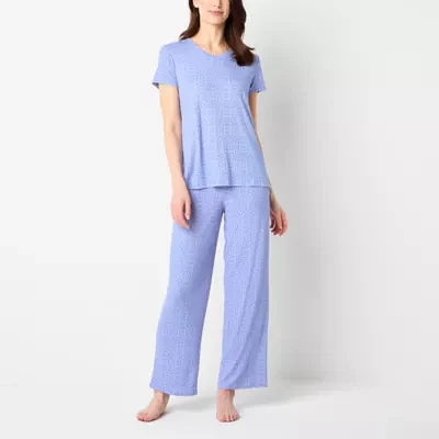 Jaclyn Womens V-Neck Short Sleeve 2-pc. Pant Pajama Set