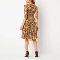 Rabbit Design Womens 3/4 Sleeve Paisley Fit + Flare Dress