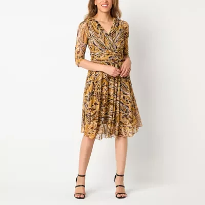 Rabbit Design Womens 3/4 Sleeve Paisley Fit + Flare Dress