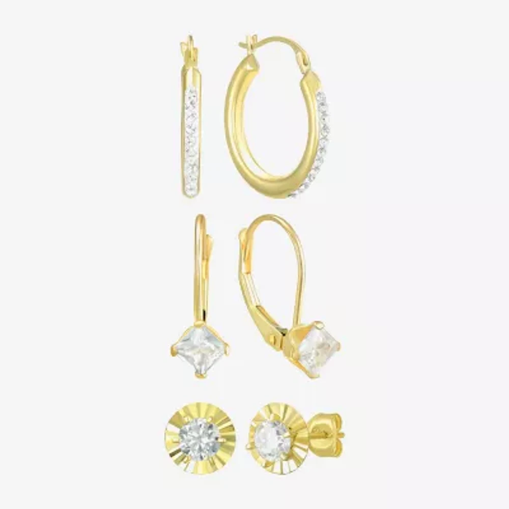 White Cubic Zirconia 10K Gold Round 3 Pair Earring Set