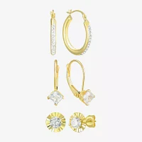 White Cubic Zirconia 10K Gold Round 3 Pair Earring Set