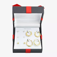 White Cubic Zirconia 10K Gold Round Square 5 Pair Earring Set