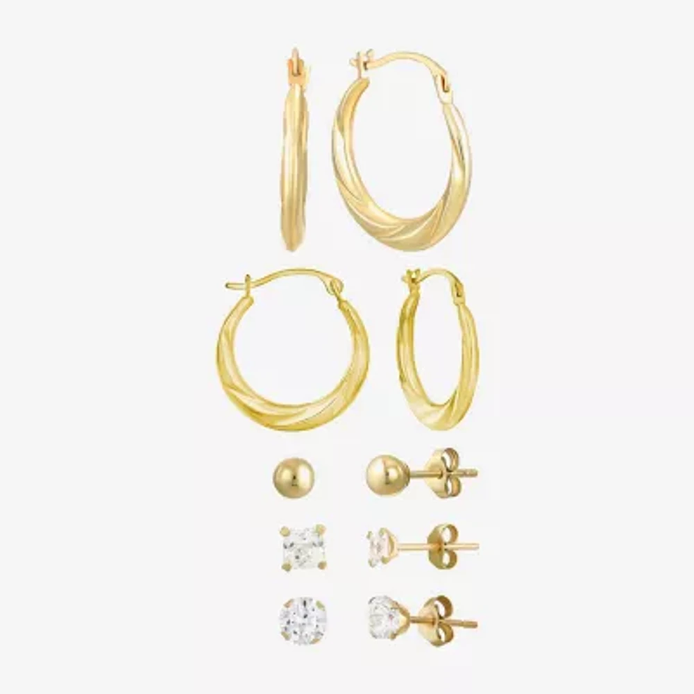 White Cubic Zirconia 10K Gold Round Square 5 Pair Earring Set