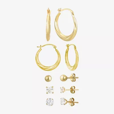 White Cubic Zirconia 10K Gold Round Square 5 Pair Earring Set