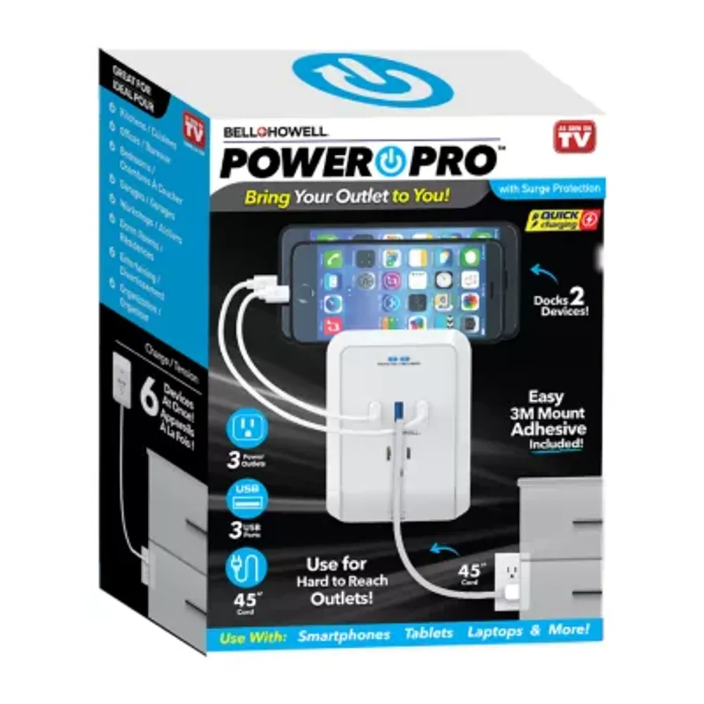 Bell + Howell Wall Power Pro Quick Charging Station with 45'' Built in Cord - 3 Outlets, 3 USB Ports, and 2 Docking Stations