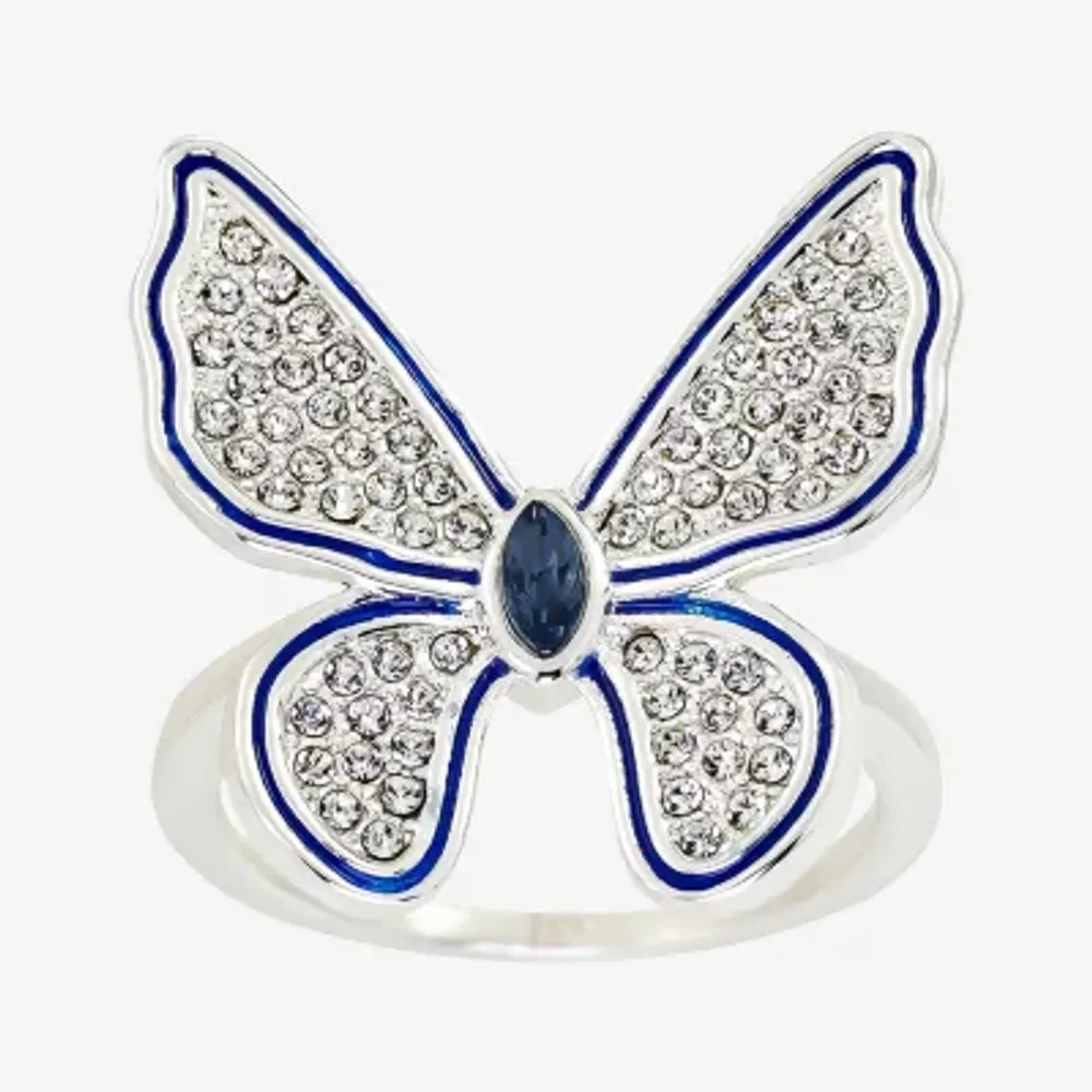 Sparkle Allure Crystal Pure Silver Over Brass Butterfly Cocktail Ring