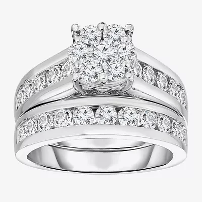 Womens 2 CT. T.W. Natural White Diamond 14K White Gold Flower Side Stone Bridal Set