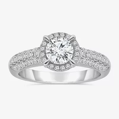 Womens 2 CT. T.W. Natural White Diamond 14K White Gold Round Side Stone Halo Engagement Ring