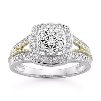 Diamond Blossom 1/10 CT.T.W. Natural  Cushion Sterling SIlver with 14k Gold over Accent Ring