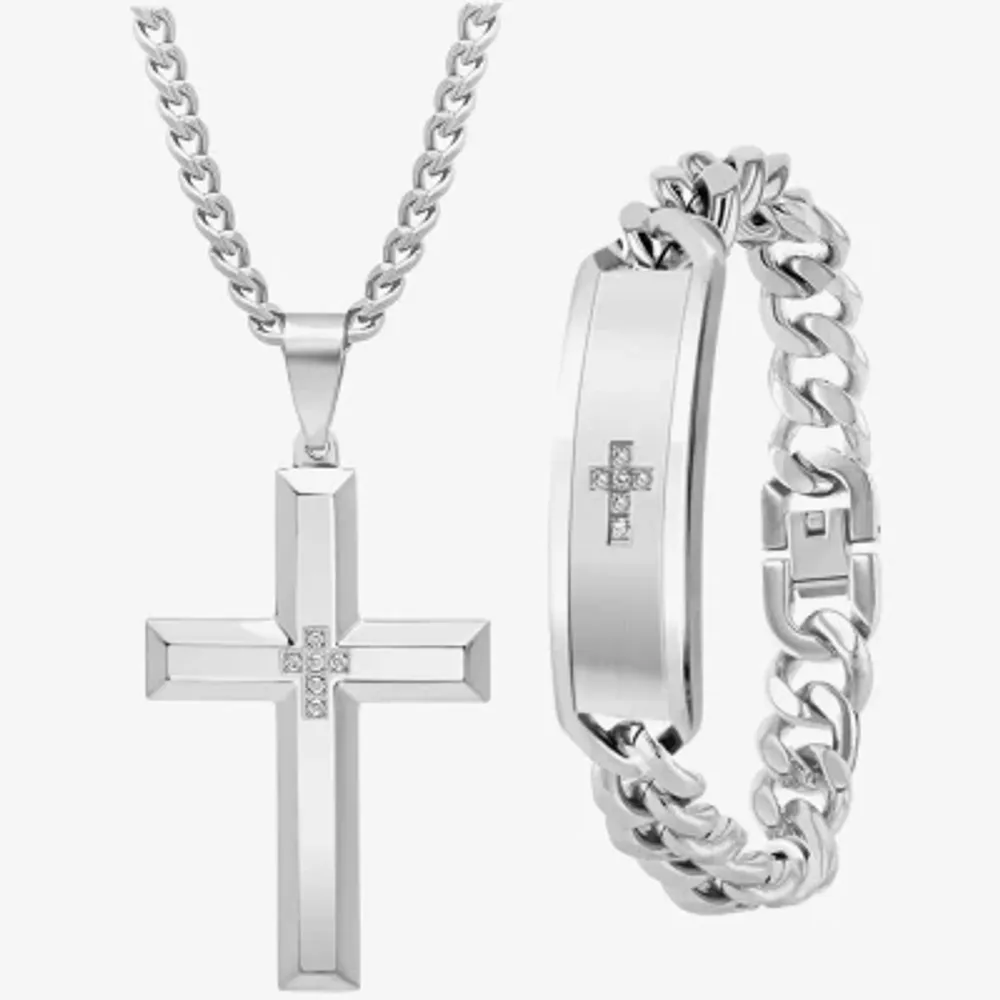 1/10 CT. T.W. Natural White Diamond Stainless Steel Cross 2-pc. Jewelry Set