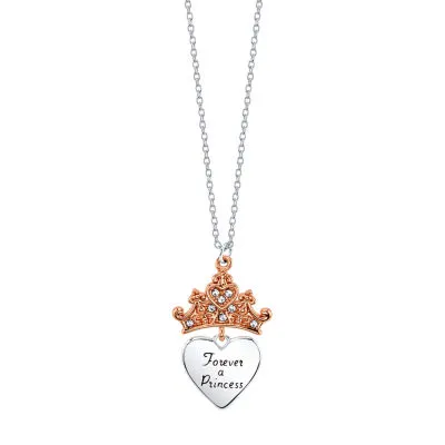 Disney Classics Womens Crystal Pure Silver Over Brass Crown Heart Princess Pendant Necklace
