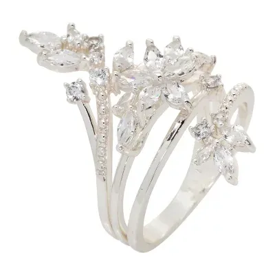 Sparkle Allure Cubic Zirconia Pure Silver Over Brass Flower Bypass  Cocktail Ring
