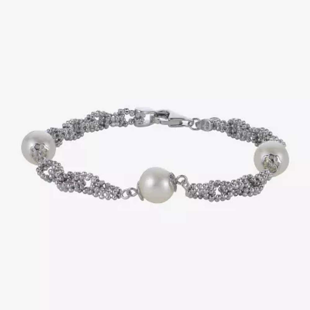 Cultured Freshwater Pearl Sterling Silver Station Chain Bracelet