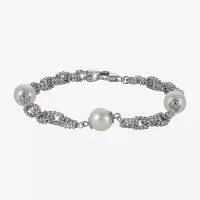 Cultured Freshwater Pearl Sterling Silver Station Chain Bracelet