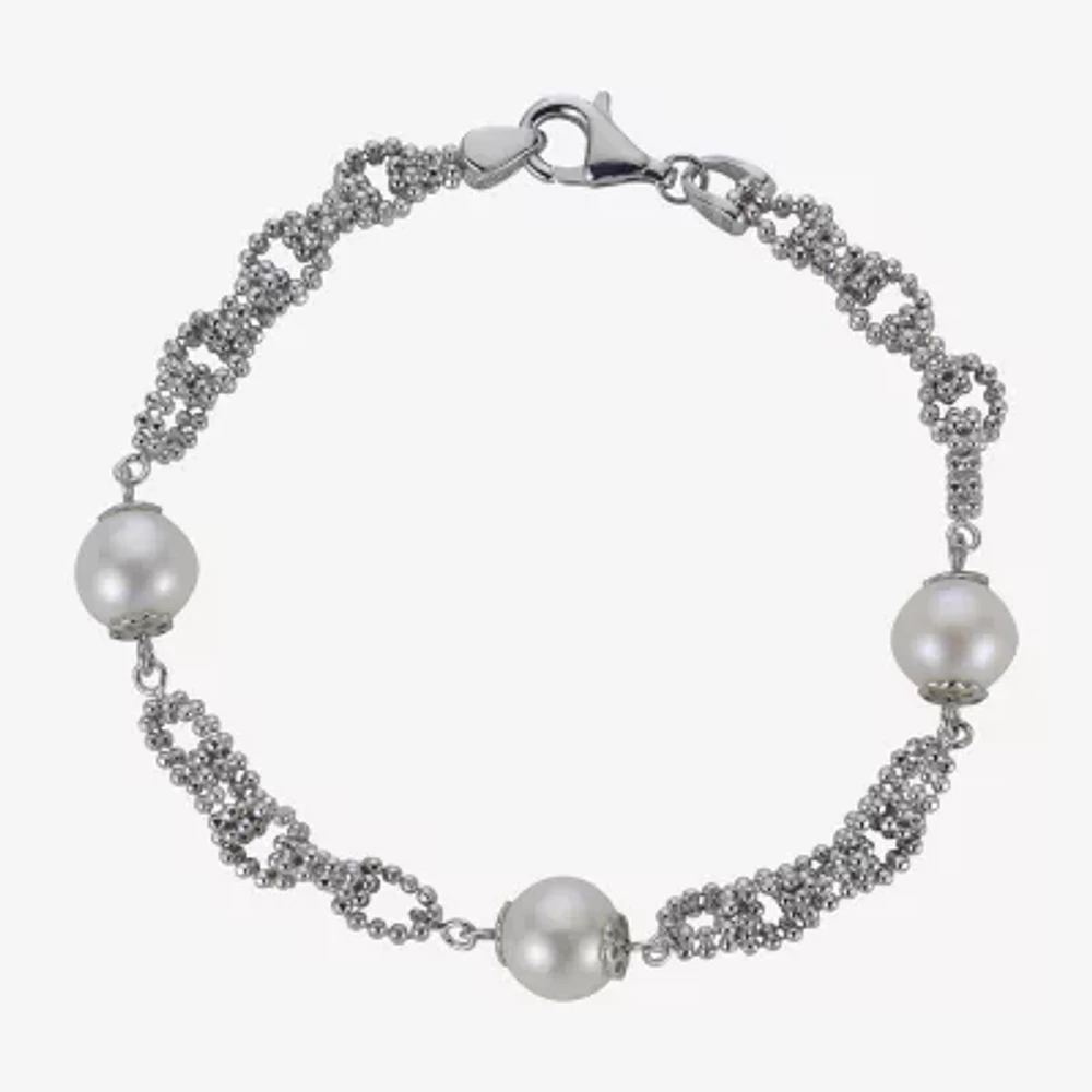 Cultured Freshwater Pearl Sterling Silver Station Chain Bracelet