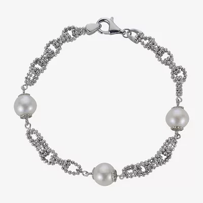 Cultured Freshwater Pearl Sterling Silver Station Chain Bracelet