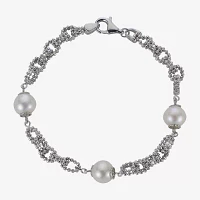 Cultured Freshwater Pearl Sterling Silver Station Chain Bracelet