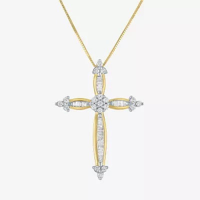 Diamond Blossom Womens 1/3 CT. T.W. Natural White Diamond 10K Gold Cross Pendant Necklaces