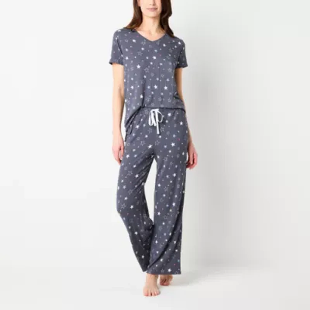 Jaclyn Womens V-Neck Short Sleeve 2-pc. Pant Pajama Set