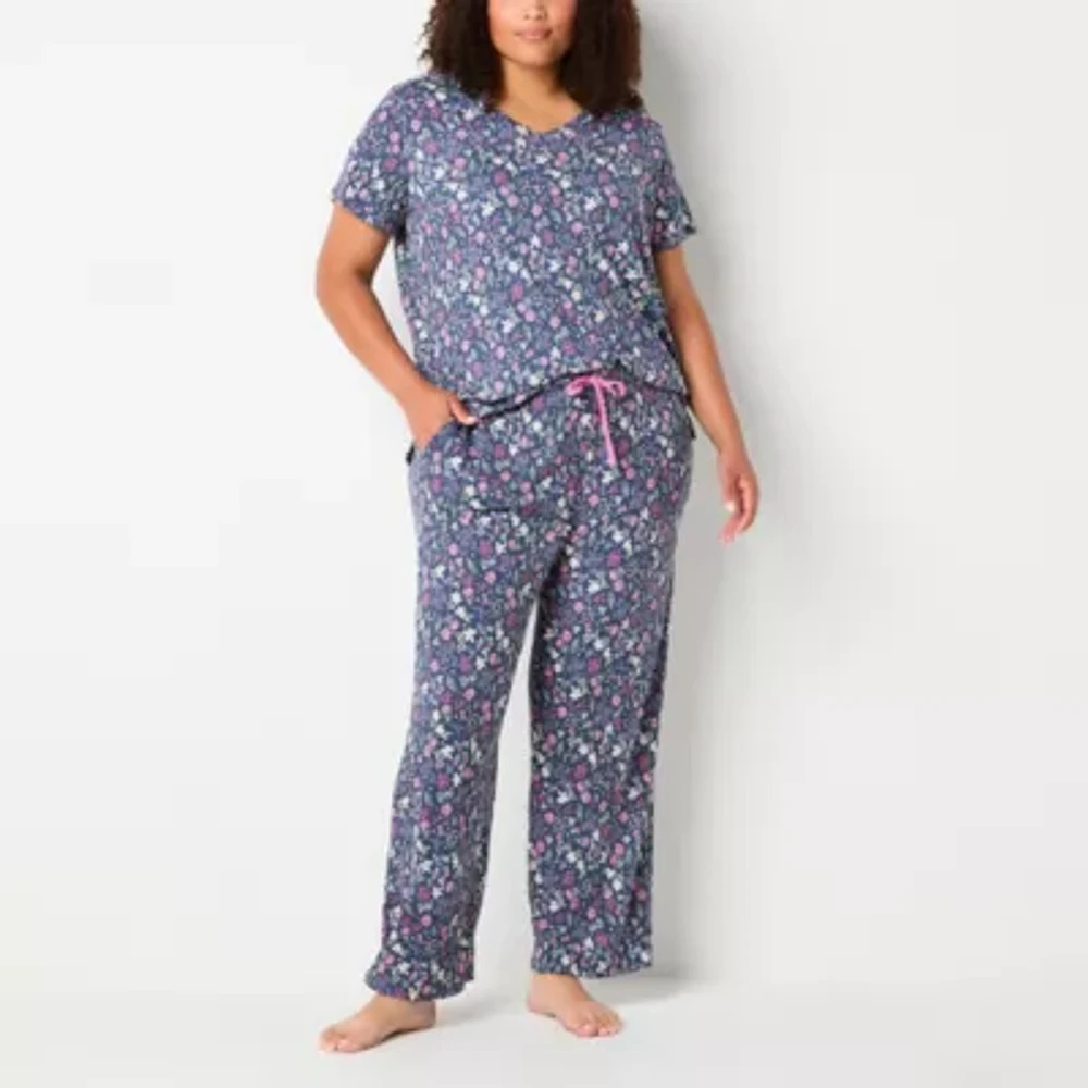 Jaclyn Womens Plus V-Neck Short Sleeve 2-pc. Pant Pajama Set
