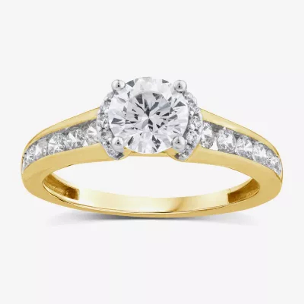 (G / Si1-Si2) Womens 1 1/2 CT. T.W. Lab Grown White Diamond 10K Gold Round Side Stone Halo Engagement Ring