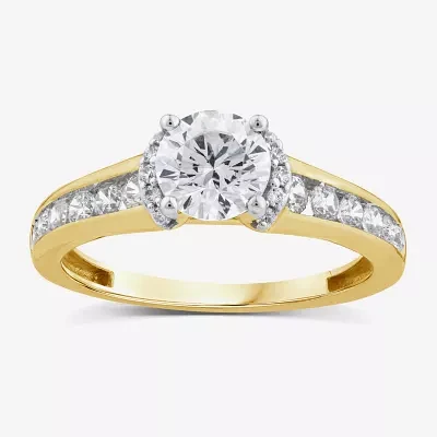 (G / Si1-Si2) Womens 1 1/2 CT. T.W. Lab Grown White Diamond 10K Gold Round Side Stone Halo Engagement Ring