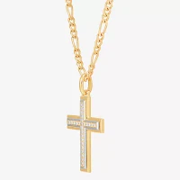 Mens White Cubic Zirconia 14K Gold Over Silver Cross Pendant Necklace