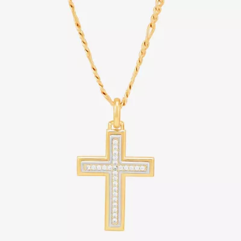 Mens White Cubic Zirconia 14K Gold Over Silver Cross Pendant Necklace