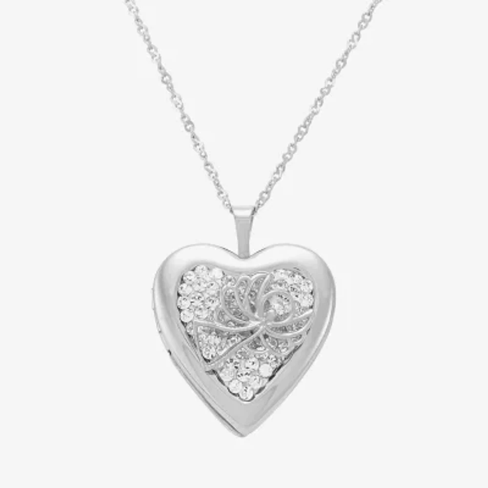 Womens Crystal Sterling Silver Angel Heart Locket Necklace