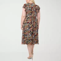 MSK Womens Short Sleeve Floral Midi Fit + Flare Dress Plus