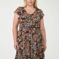 MSK Womens Short Sleeve Floral Midi Fit + Flare Dress Plus