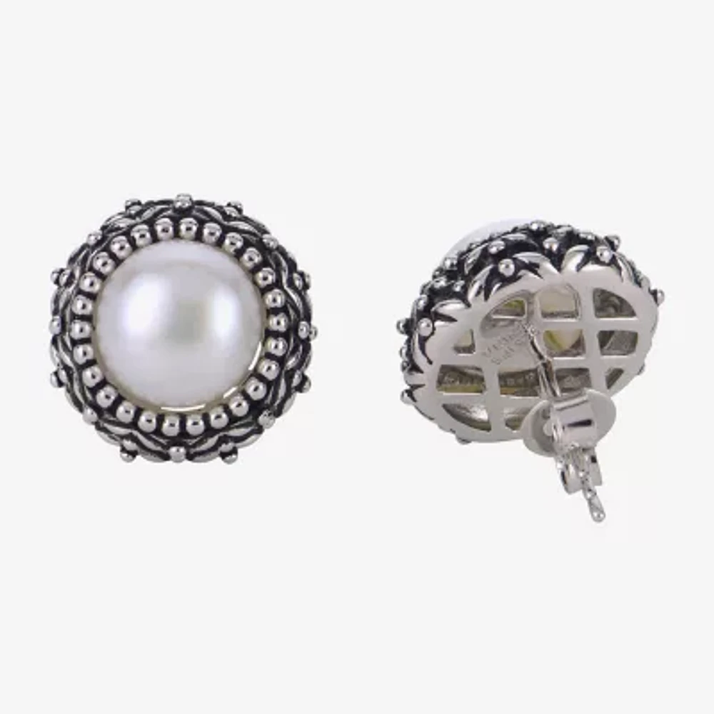 Cultured Freshwater Button Pearl Oxidized Sterling Silver Stud Earrings