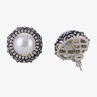 Cultured Freshwater Button Pearl Oxidized Sterling Silver Stud Earrings