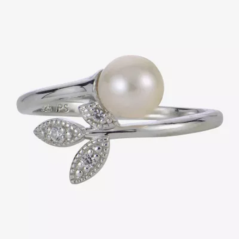 Womens 6-6.5MM White Cultured Freshwater Pearl Sterling Silver Cocktail Ring