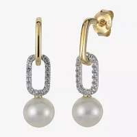 White Cultured Freshwater Pearl 14K Two Tone Gold Over Silver Paperclip Drop Earrings